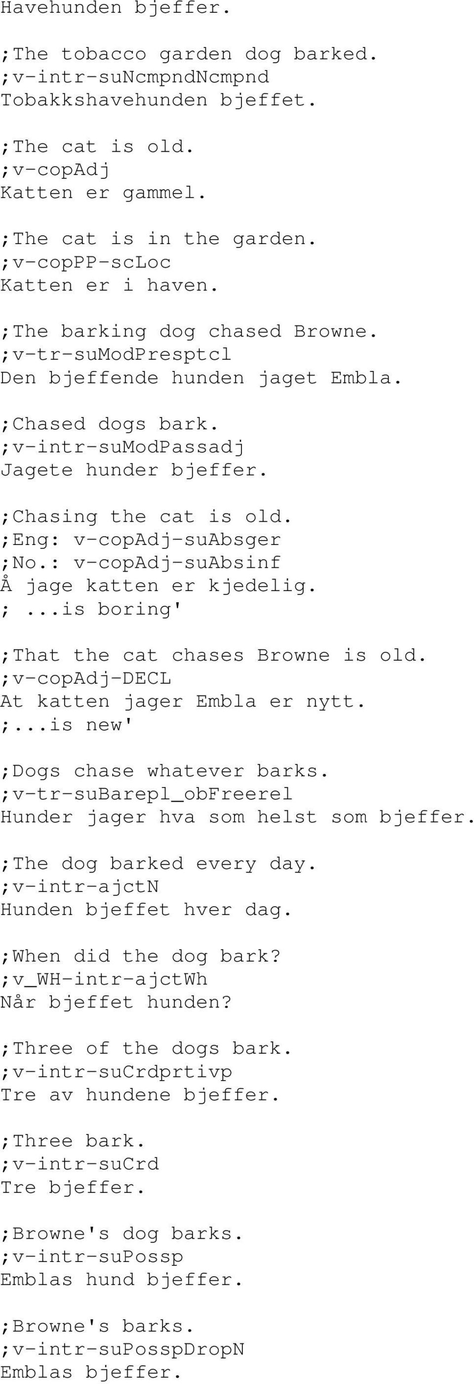 ;Chasing the cat is old. ;Eng: v-copadj-suabsger ;No.: v-copadj-suabsinf Å jage katten er kjedelig. ;...is boring' ;That the cat chases Browne is old. ;v-copadj-decl At katten jager Embla er nytt. ;...is new' ;Dogs chase whatever barks.