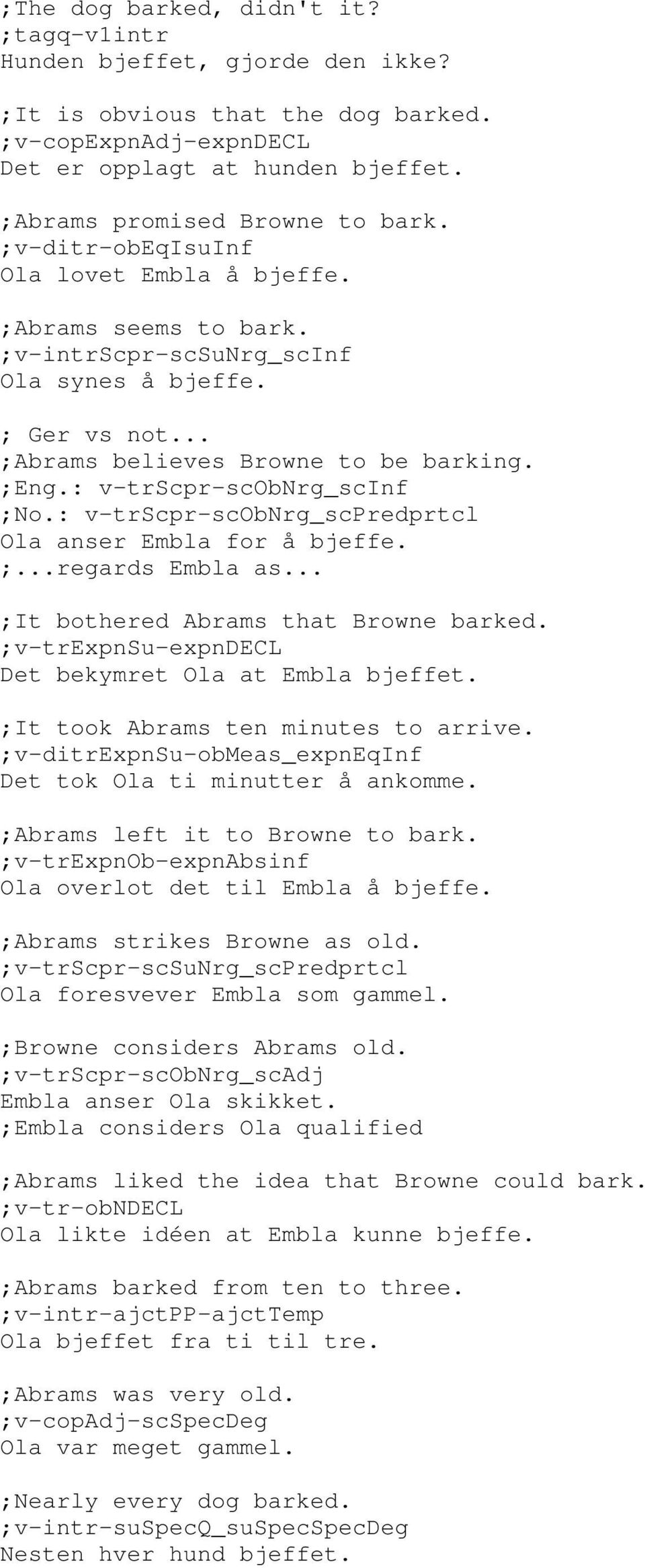 : v-trscpr-scobnrg_scinf ;No.: v-trscpr-scobnrg_scpredprtcl Ola anser Embla for å bjeffe. ;...regards Embla as... ;It bothered Abrams that Browne barked.