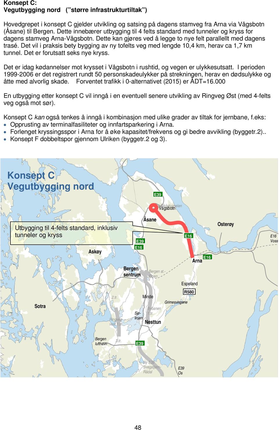 Det vil i praksis bety bygging av ny tofelts veg med lengde 10,4 km, herav ca 1,7 km tunnel. Det er forutsatt seks nye kryss.