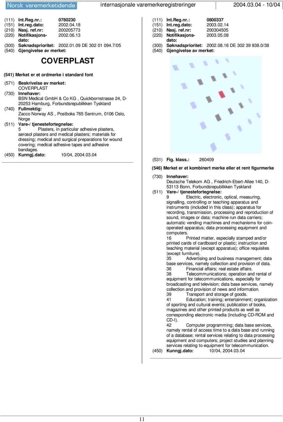 0/38 COVERPLAST BSN Medical GmbH & Co KG, Quickbornstrasse 24, D- 20253 Hamburg, Forbundsrepublikken Tyskland (740) Fullmektig: Zacco Norway AS, Postboks 765 Sentrum, 0106 Oslo, 5 Plasters, in