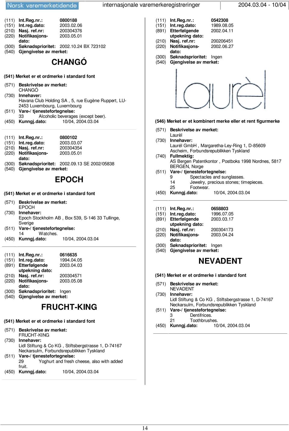 51 2002.06.27 CHANGÓ Havana Club Holding SA, 5, rue Eugène Ruppert, LU- 2453 Luxembourg, Luxembourg 33 Alcoholic beverages (except beer). (111) Int.Reg.nr.: 0800102 (151) Int.reg.dato: 2003.