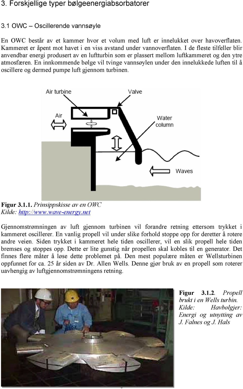 En innkommende bølge vil tvinge vannsøylen under den innelukkede luften til å oscillere og dermed pumpe luft gjennom turbinen. Figur 3.1.1. Prinsippskisse av en OWC Kilde: http://www.wave-energy.