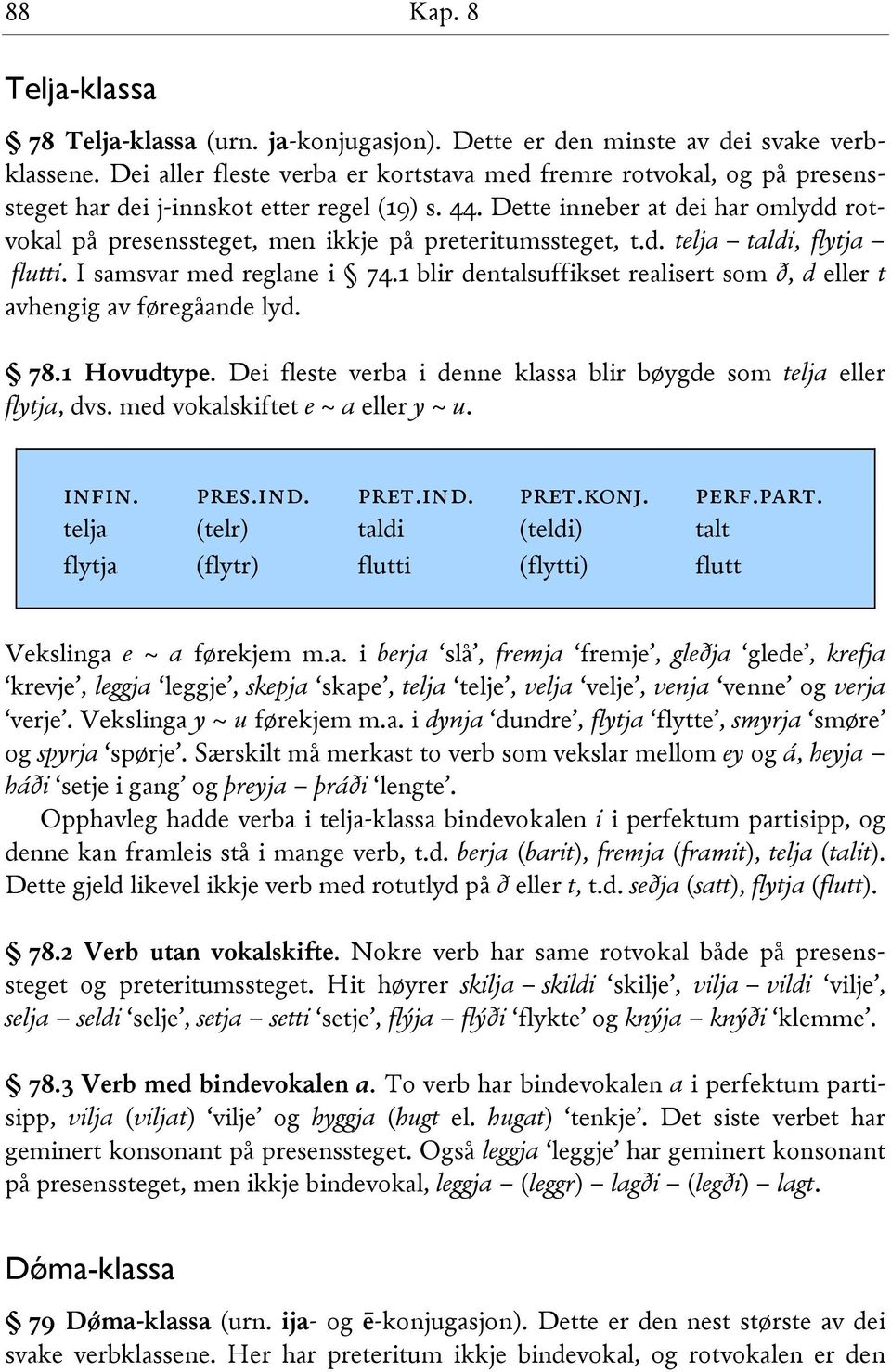 Dette inneber at dei har omlydd rotvokal på presenssteget, men ikkje på preteritumssteget, t.d. telja taldi, flytja flutti. I samsvar med reglane i 74.