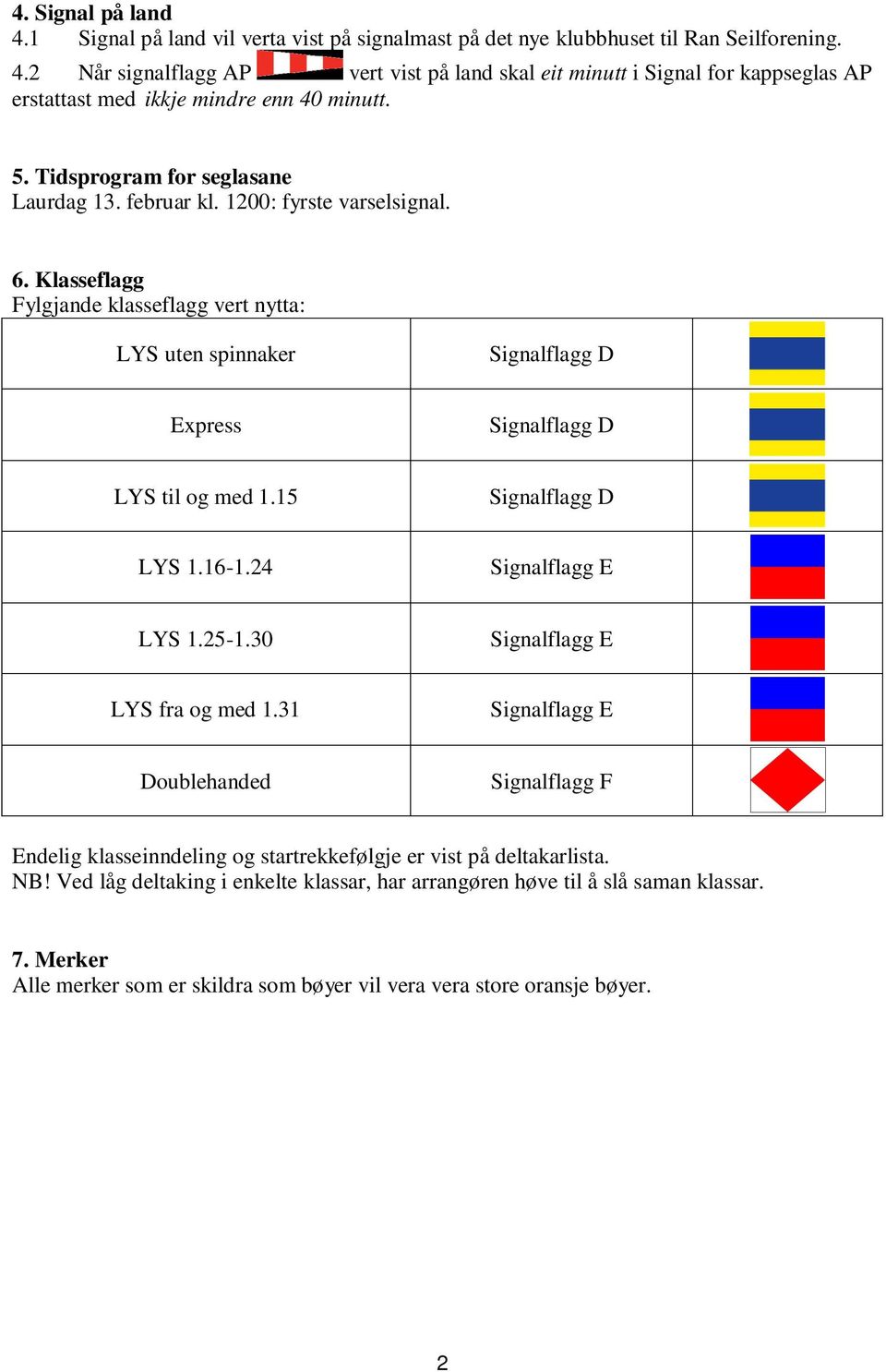 Klasseflagg Fylgjande klasseflagg vert nytta: LYS uten spinnaker Signalflagg D Express Signalflagg D LYS til og med 1.15 Signalflagg D LYS 1.16-1.24 Signalflagg E LYS 1.25-1.