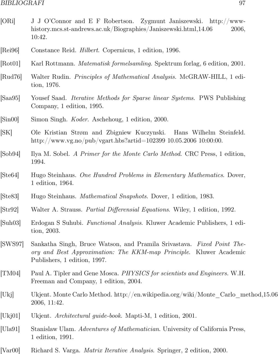 McGRAW-HILL, 1 edition, 1976. Yousef Saad. Iterative Methods for Sparse linear Systems. PWS Publishing Company, 1 edition, 1995. [Sin00] Simon Singh. Koder. Aschehoug, 1 edition, 2000.