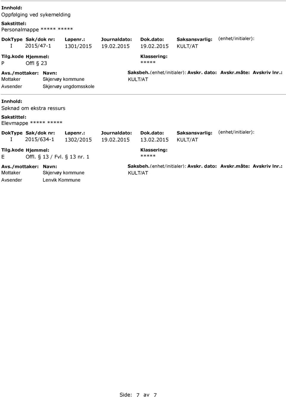 : KLT/AT Skjervøy ungdomsskole nnhold: Søknad om ekstra ressurs Elevmappe 2015/634-1 1302/2015