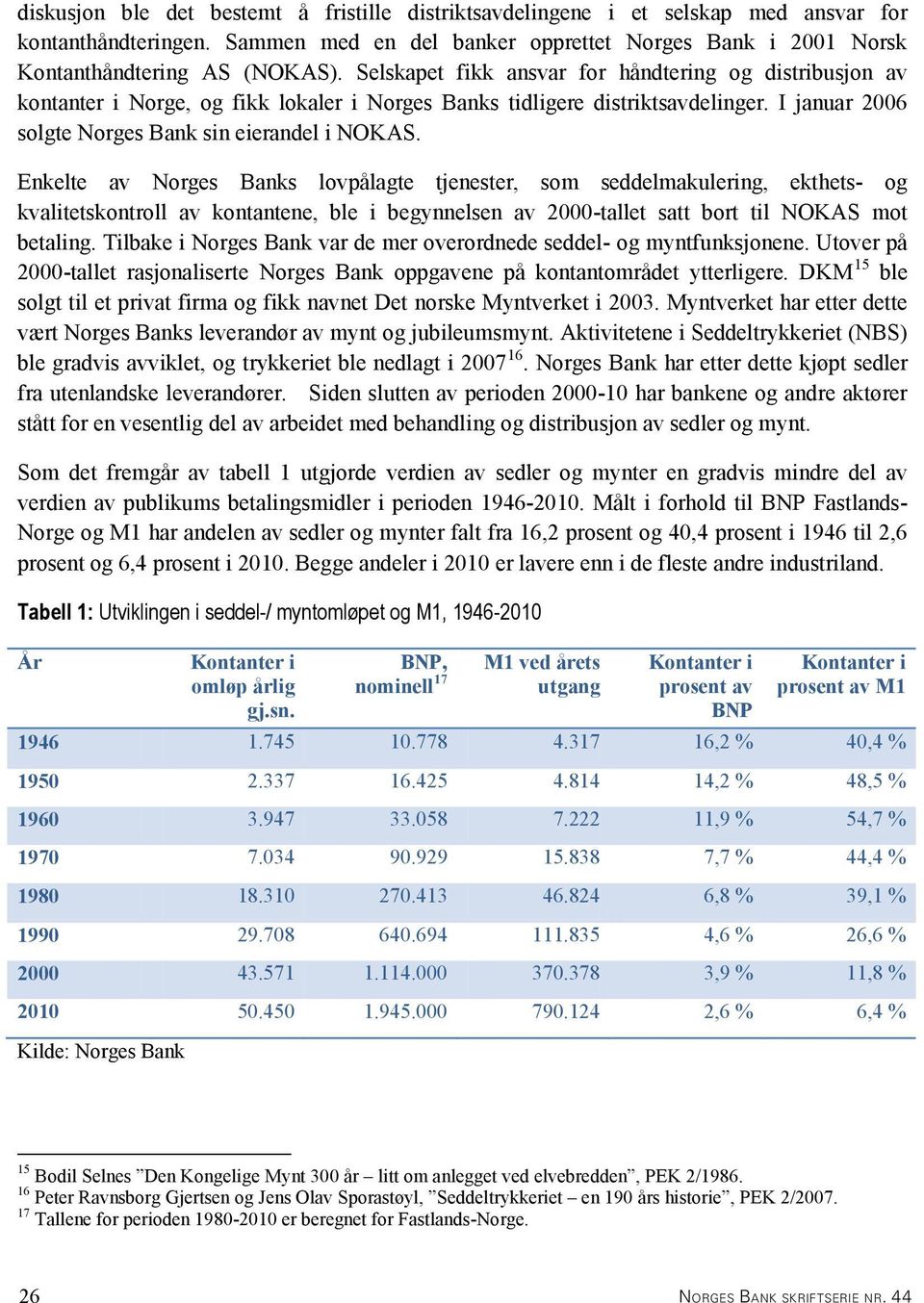 Enkelte av Norges Banks lovpålagte tjenester, som seddelmakulering, ekthets- og kvalitetskontroll av kontantene, ble i begynnelsen av 2000-tallet satt bort til NOKAS mot betaling.