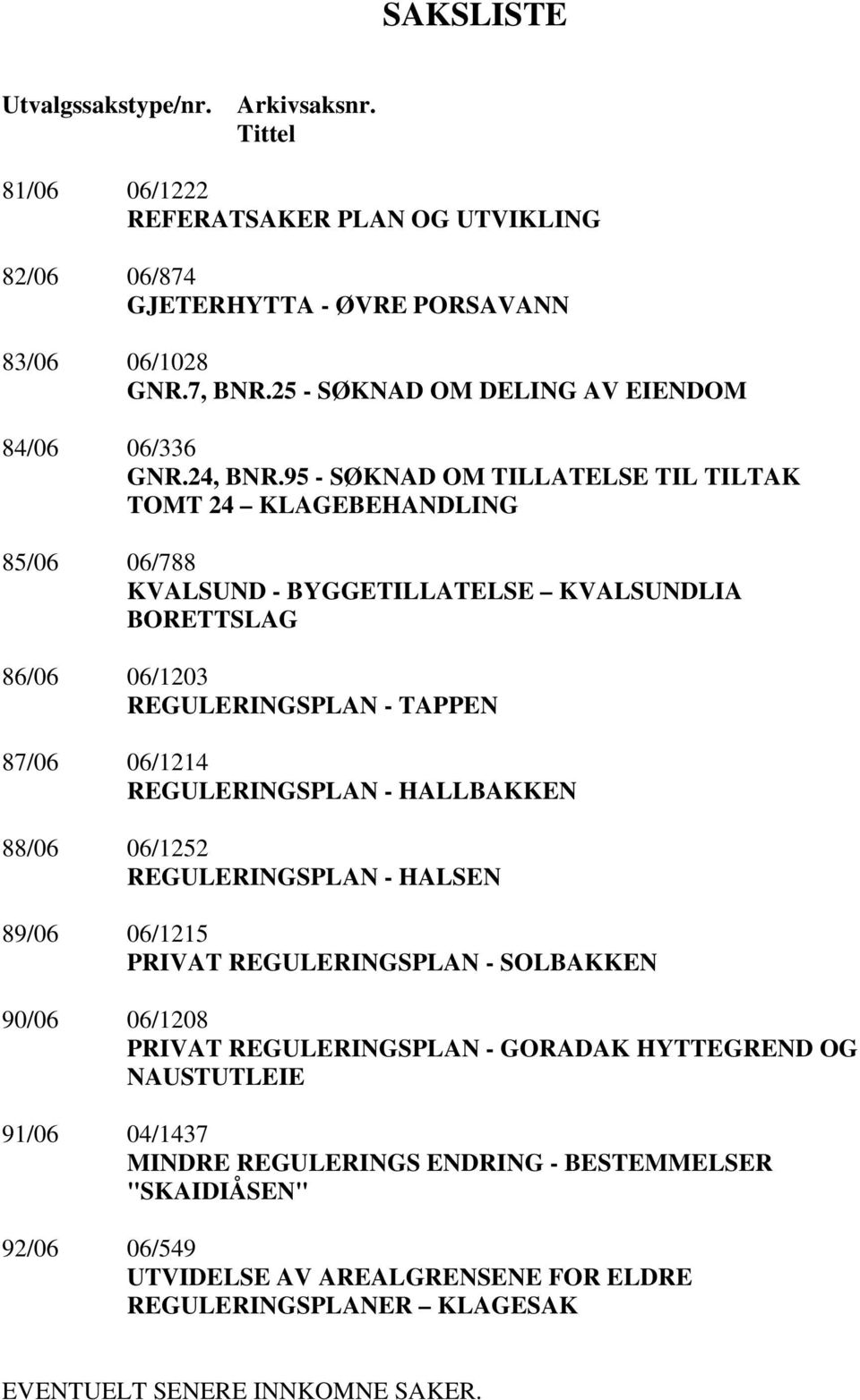 95 - SØKNAD OM TILLATELSE TIL TILTAK TOMT 24 KLAGEBEHANDLING 85/06 06/788 KVALSUND - BYGGETILLATELSE KVALSUNDLIA BORETTSLAG 86/06 06/1203 REGULERINGSPLAN - TAPPEN 87/06 06/1214