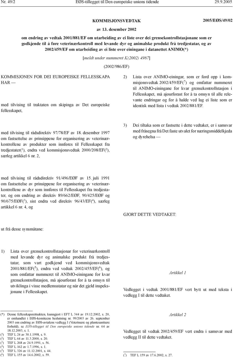 tredjestatar, og av 2002/459/EF om utarbeiding av ei liste over einingane i datanettet ANIMO(*) [meldt under nummeret K(2002) 4987] (2002/986/EF) KOMMISJONEN FOR DEI EUROPEISKE FELLESSKAPA HAR med