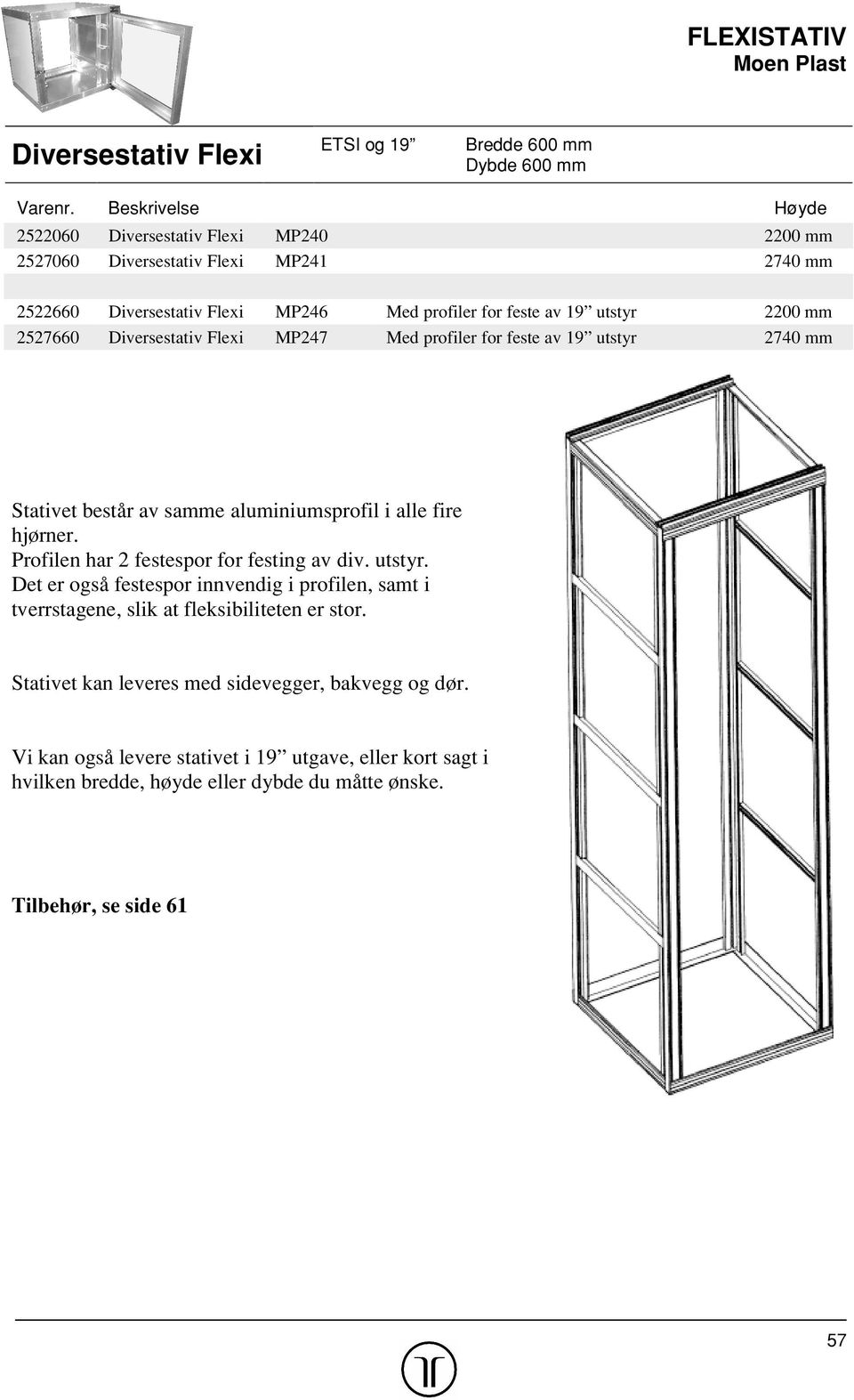 2527660 Diversestativ Flexi MP247 Med profiler for feste av 19 utstyr 2740 mm Stativet består av samme aluminiumsprofil i alle fire hjørner.