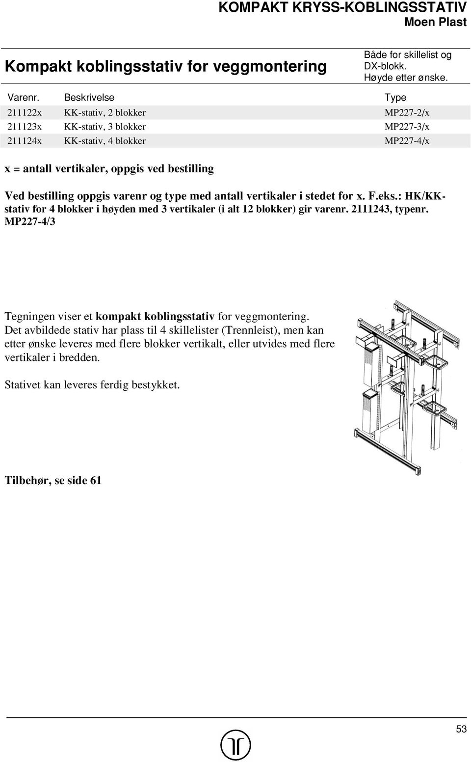 oppgis varenr og type med antall vertikaler i stedet for x. F.eks.: HK/KKstativ for 4 blokker i høyden med 3 vertikaler (i alt 12 blokker) gir varenr. 2111243, typenr.