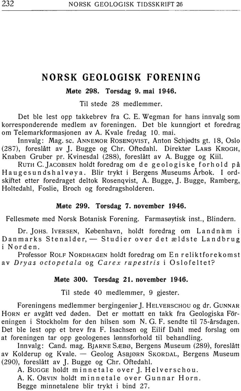 ANNEMOR RosENQVIST, Anton Schjødts gt. 18, Oslo (287), foreslått av J. Bugge og Chr. Oftedahl. Direktør LARS KROGH, Knaben Gruber pr. Kvinesdal (288), foreslått av A. Bugge og Kiil. RuTH C.