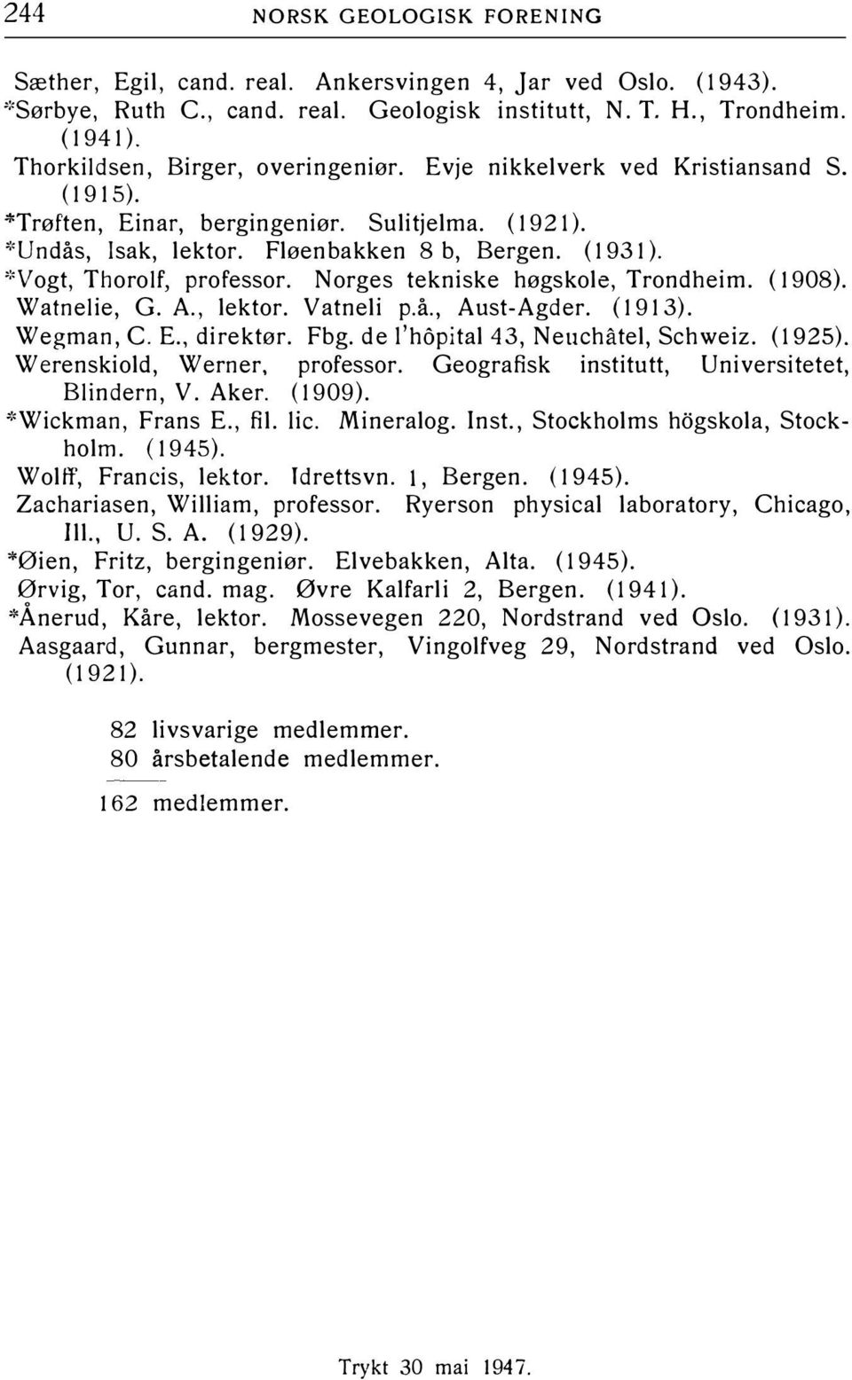 ':'Vogt, Thorolf, professor. Norges tekniske høgskole, Trondheim. ( 1908). Watnelie, G. A., lektor. Vatneli p.å., Aust- Agder. ( 19 13). Wegman, C. E., direktør. Fbg. de!