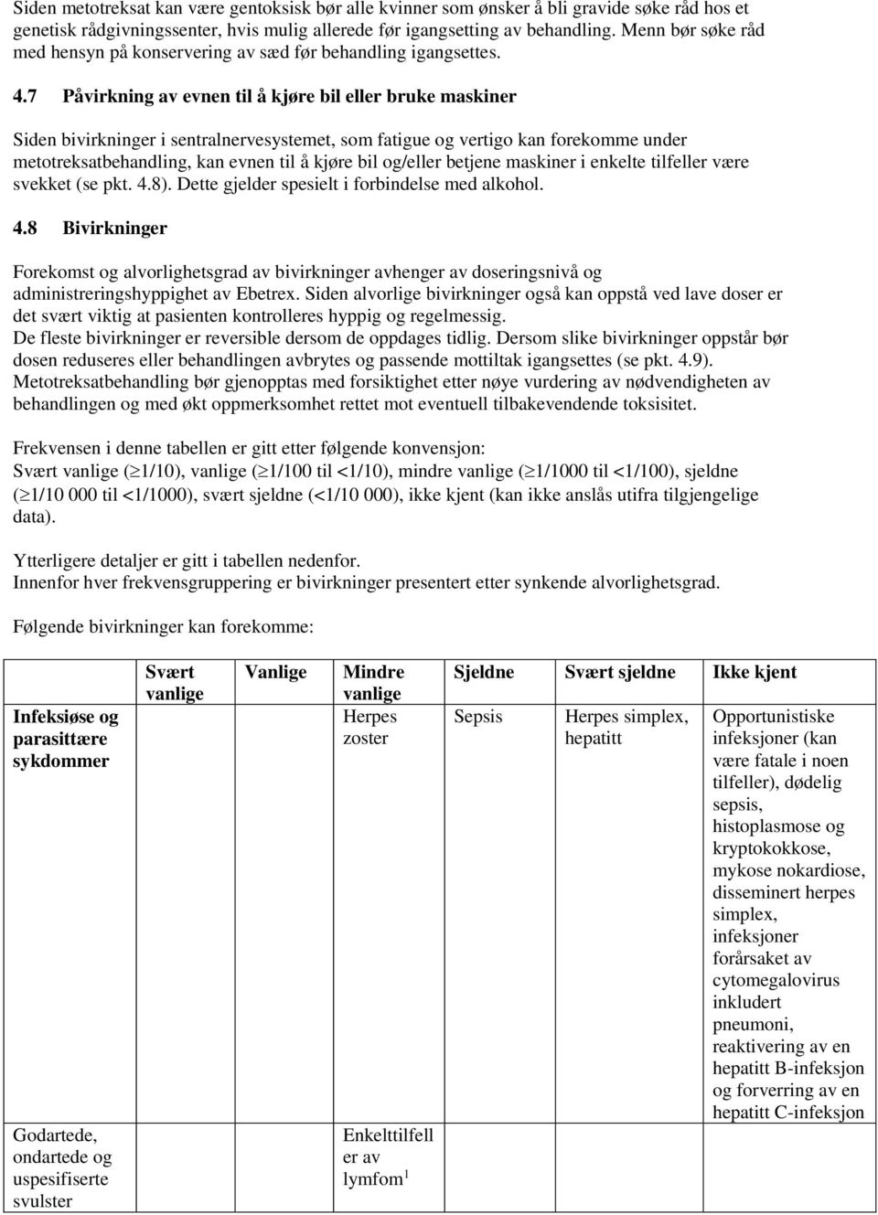 7 Påvirkning av evnen til å kjøre bil eller bruke maskiner Siden bivirkninger i sentralnervesystemet, som fatigue og vertigo kan forekomme under metotreksatbehandling, kan evnen til å kjøre bil