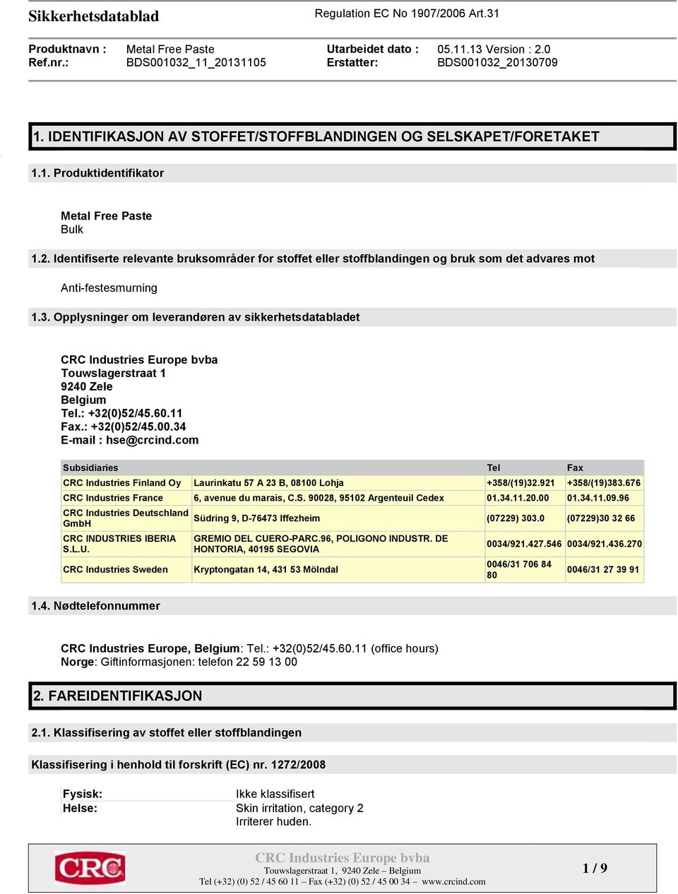 Opplysninger om leverandøren av sikkerhetsdatabladet Touwslagerstraat 1 9240 Zele Belgium Tel.: +32(0)52/45.60.11 Fax.: +32(0)52/45.00.34 E-mail : hse@crcind.