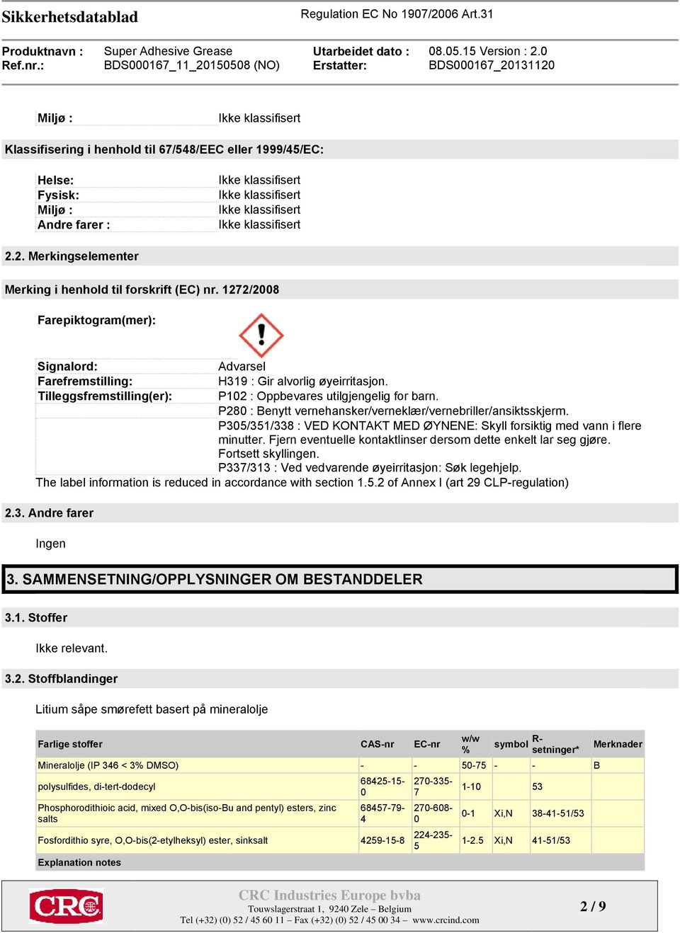 P280 : Benytt vernehansker/verneklær/vernebriller/ansiktsskjerm. P305/351/338 : VED KONTAKT MED ØYNENE: Skyll forsiktig med vann i flere minutter.