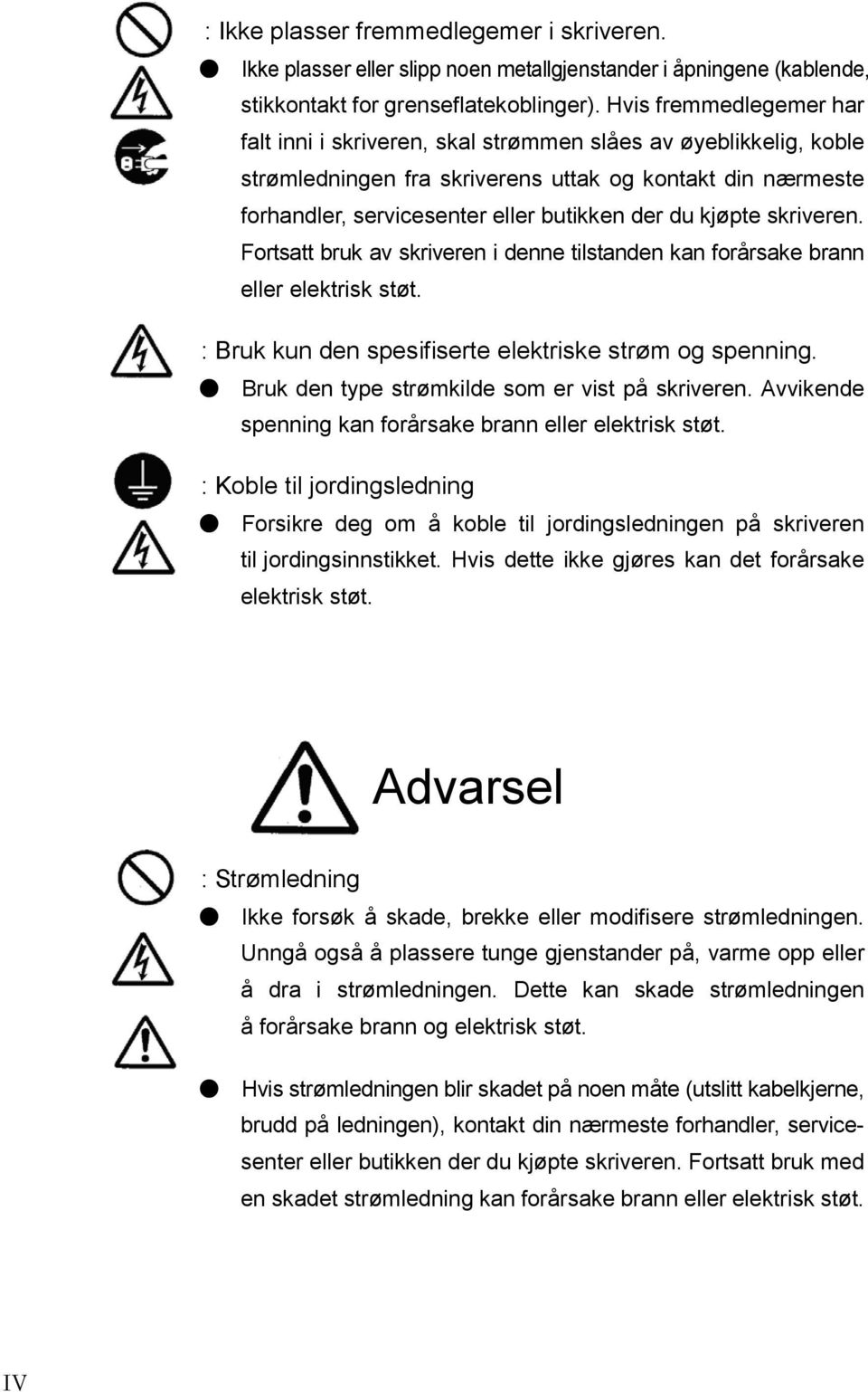 kjøpte skriveren. Fortsatt bruk av skriveren i denne tilstanden kan forårsake brann eller elektrisk støt. : Bruk kun den spesifiserte elektriske strøm og spenning.