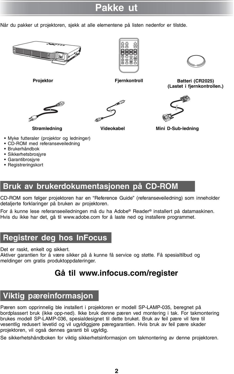 brukerdokumentasjonen på CD-ROM CD-ROM som følger projektoren har en Reference Guide (referanseveiledning) som inneholder detaljerte forklaringer på bruken av projektoren.