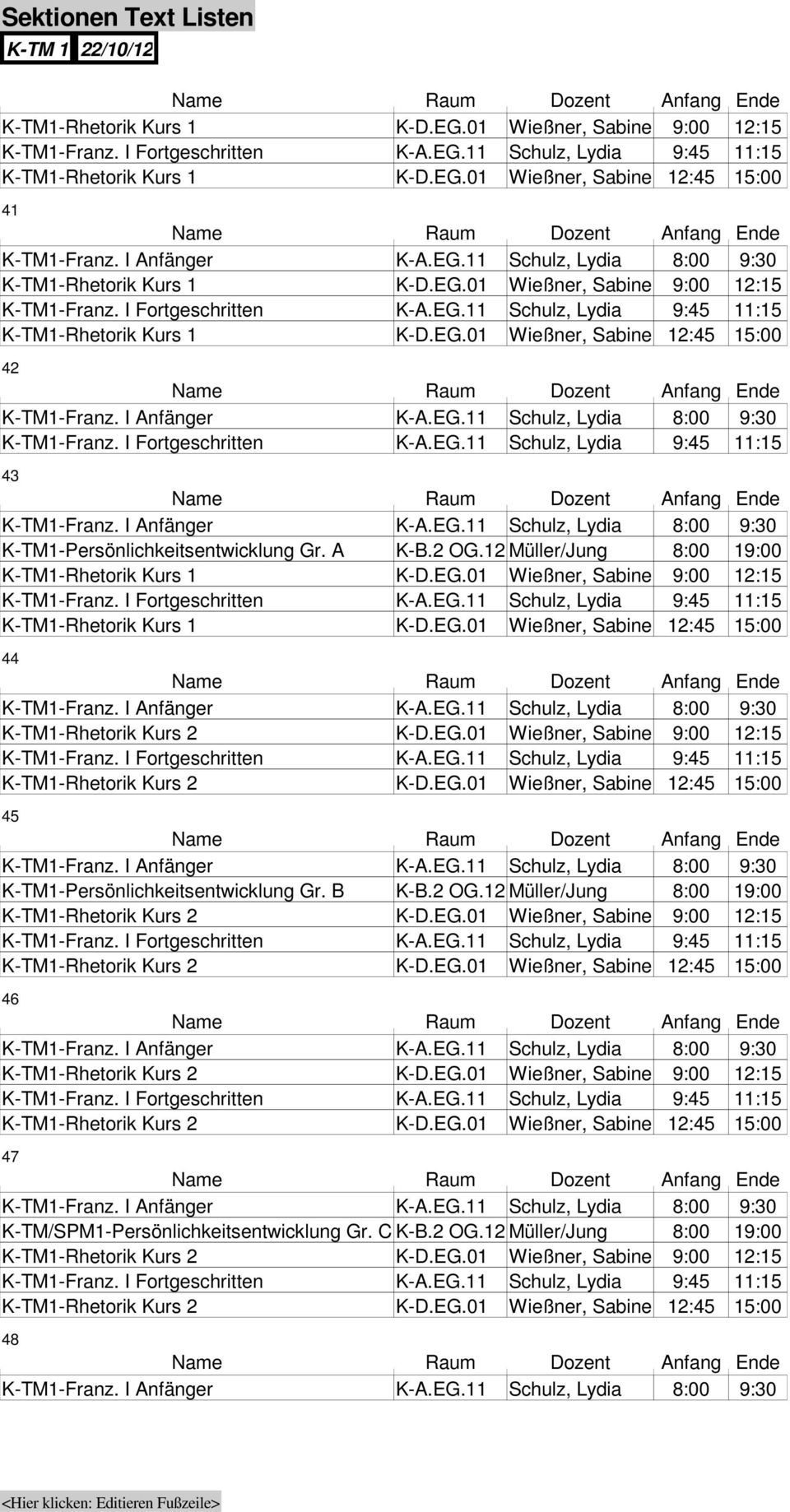 EG.01 Wießner, Sabine 12: 15:00 K-TM1-Persönlichkeitsentwicklung Gr. B K-B.2 OG.12 Müller/Jung 8:00 19:00 K-TM1-Rhetorik Kurs 2 K-D.EG.01 Wießner, Sabine 9:00 12:15 K-TM1-Rhetorik Kurs 2 K-D.EG.01 Wießner, Sabine 12: 15:00 K-TM1-Rhetorik Kurs 2 K-D.