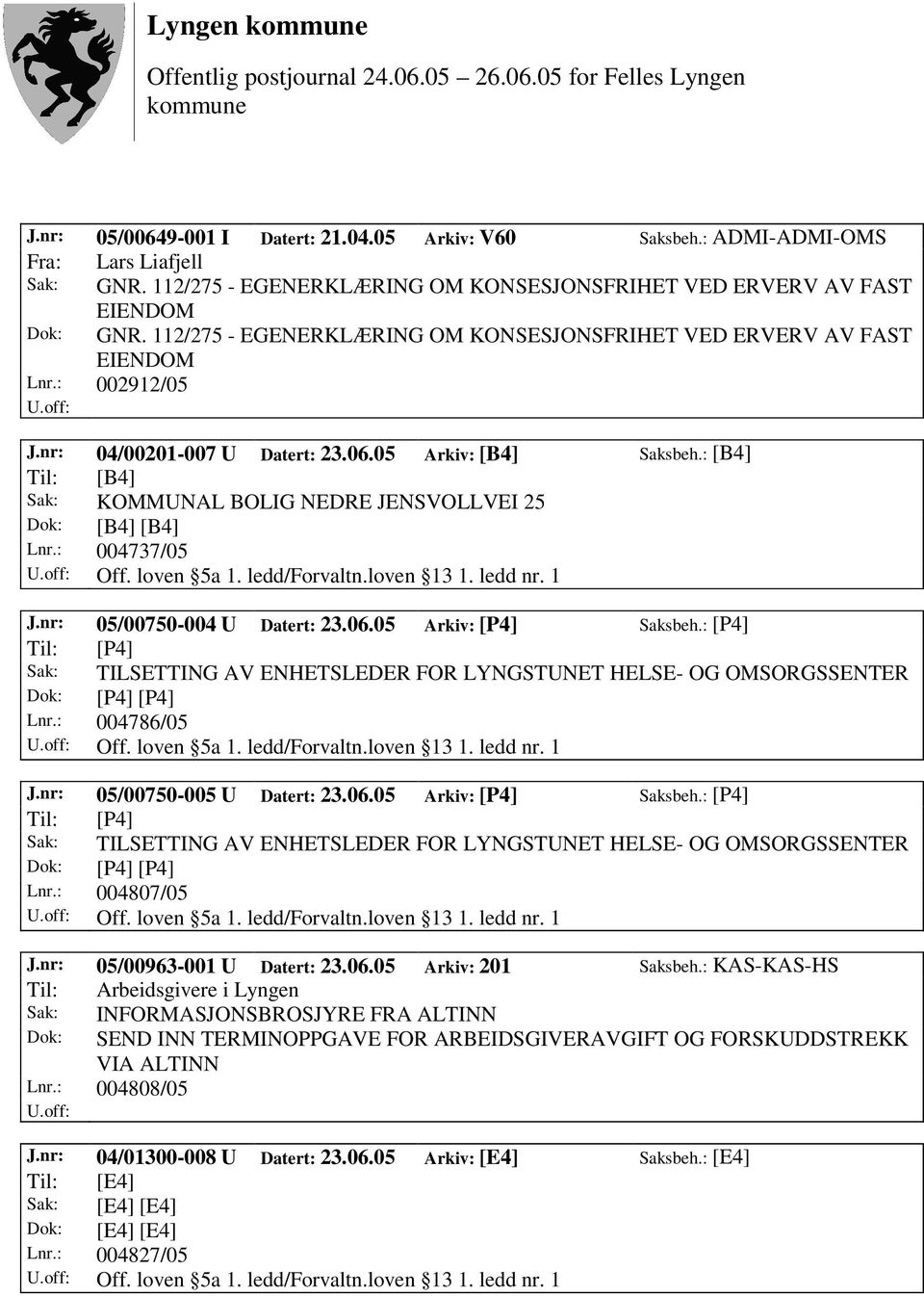 : [B4] Til: [B4] Sak: KOMMUNAL BOLIG NEDRE JENSVOLLVEI 25 Dok: [B4] [B4] Lnr.: 004737/05 Off. loven 5a 1. ledd/forvaltn.loven 13 1. ledd nr. 1 J.nr: 05/00750-004 U Datert: 23.06.