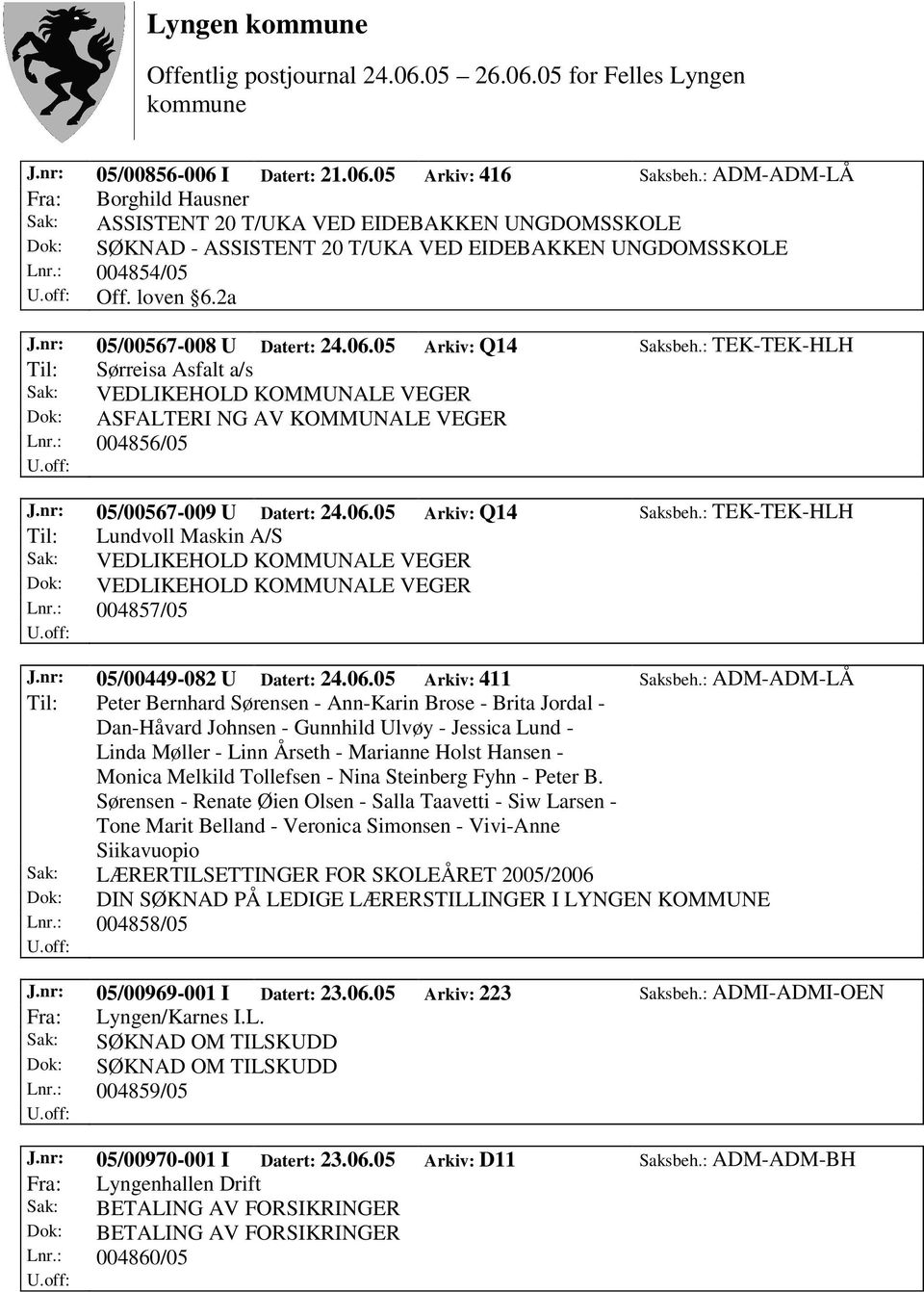 nr: 05/00567-008 U Datert: 24.06.05 Arkiv: Q14 Saksbeh.: TEK-TEK-HLH Til: Sørreisa Asfalt a/s Sak: VEDLIKEHOLD KOMMUNALE VEGER Dok: ASFALTERI NG AV KOMMUNALE VEGER Lnr.: 004856/05 J.