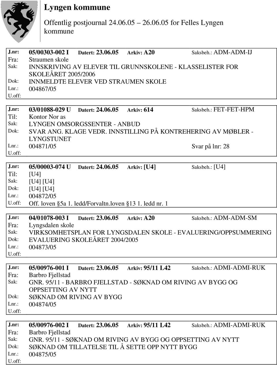 nr: 03/01088-029 U Datert: 24.06.05 Arkiv: 614 Saksbeh.: FET-FET-HPM Til: Kontor Nor as Sak: LYNGEN OMSORGSSENTER - ANBUD Dok: SVAR ANG. KLAGE VEDR.