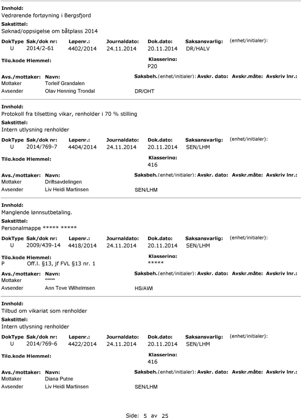 Avskr. dato: Avskr.måte: Avskriv lnr.: Mottaker Driftsavdelingen Liv Heidi Martinsen Manglende lønnsutbetaling. Personalmappe 2009/439-14 4418/2014 20.11.2014 P Avs./mottaker: Navn: Saksbeh. Avskr. dato: Avskr.måte: Avskriv lnr.: Mottaker Ann Tove Wilhelmsen HS/AW Tilbud om vikariat som renholder ntern utlysning renholder 2014/769-6 4422/2014 20.