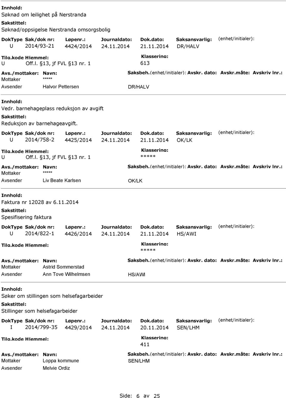 måte: Avskriv lnr.: Mottaker Liv Beate Karlsen Faktura nr 12028 av 6.11.2014 Spesifisering faktura 2014/822-1 4426/2014 21.11.2014 HS/AW Avs./mottaker: Navn: Saksbeh. Avskr. dato: Avskr.