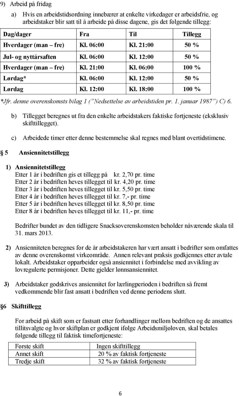 18:00 100 % *Jfr. denne overenskomsts bilag 1 ( Nedsettelse av arbeidstiden pr. 1. januar 1987 ) C) 6.