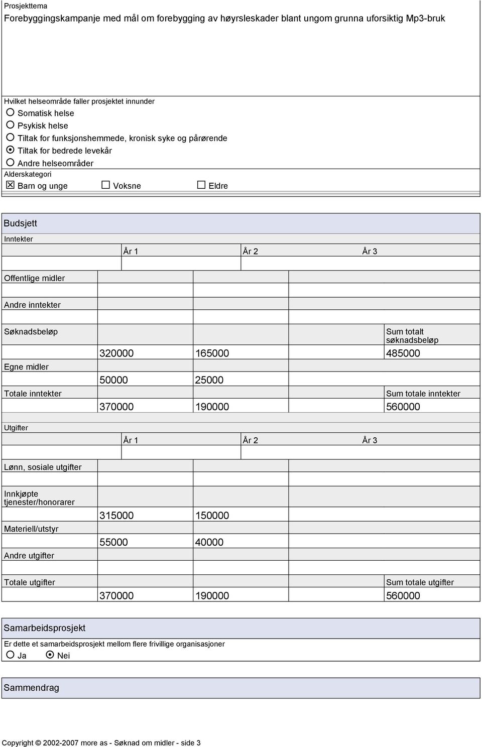inntekter Søknadsbeløp Egne midler Totale inntekter Utgifter Sum totalt søknadsbeløp 320000 165000 485000 50000 25000 Sum totale inntekter 370000 190000 560000 År 1 År 2 År 3 Lønn, sosiale utgifter