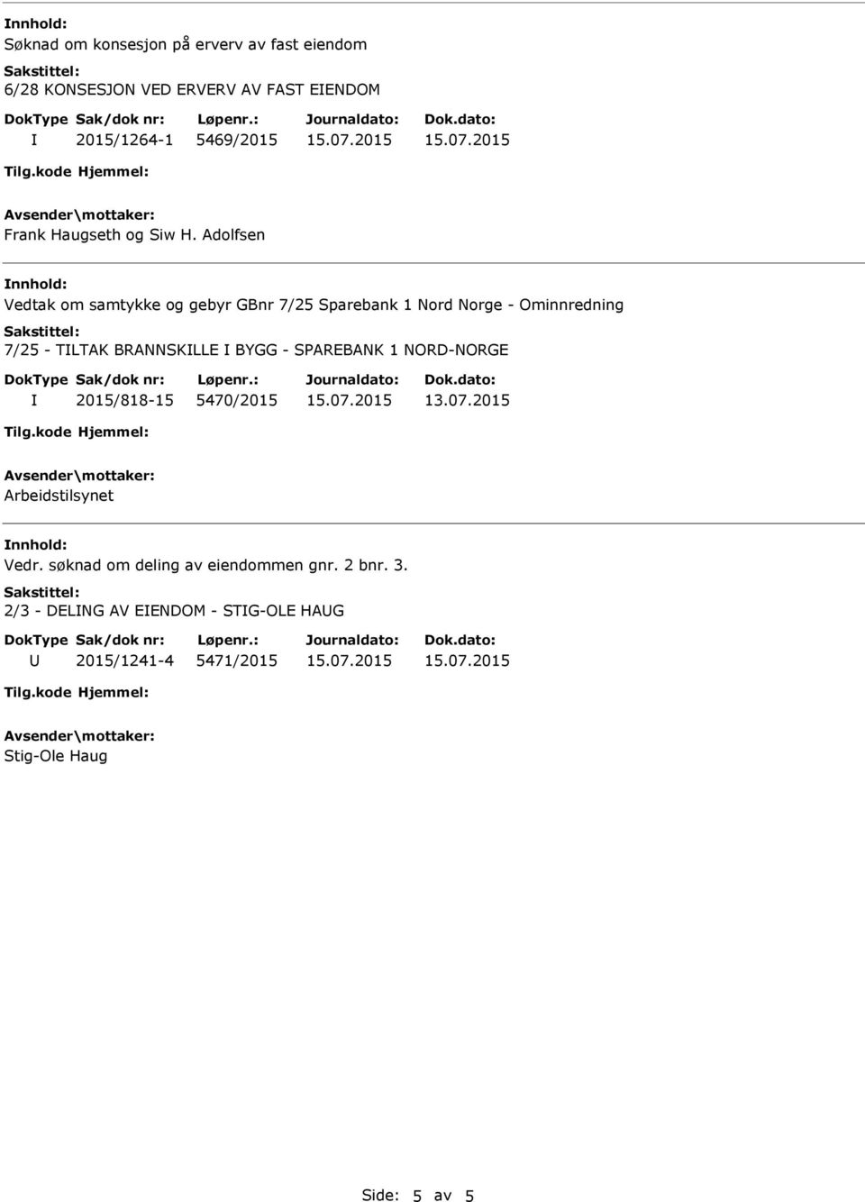 Adolfsen Vedtak om samtykke og gebyr GBnr 7/25 Sparebank 1 Nord Norge - Ominnredning 7/25 - TLTAK BRANNSKLLE BYGG