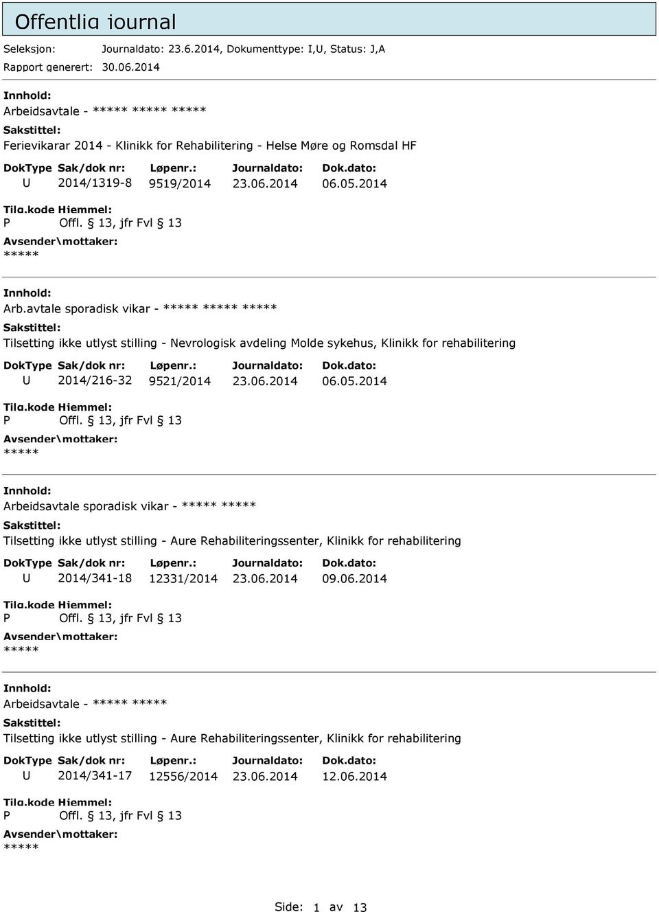 05.2014 Arbeidsavtale sporadisk vikar - Tilsetting ikke utlyst stilling - Aure Rehabiliteringssenter, Klinikk for rehabilitering 2014/341-18 12331/2014 09.06.