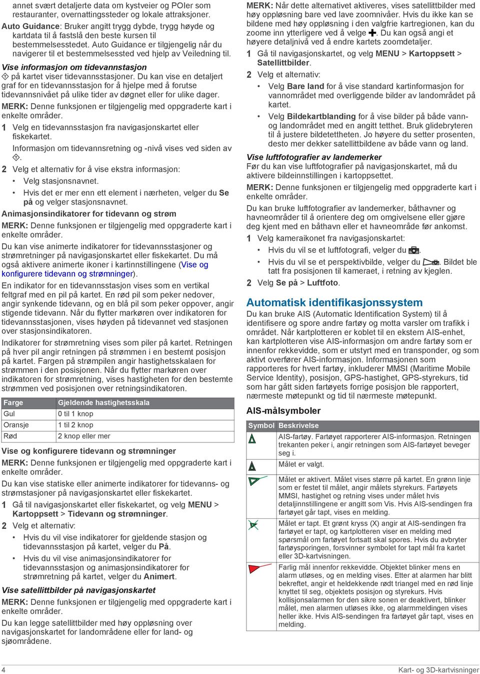 Auto Guidance er tilgjengelig når du navigerer til et bestemmelsessted ved hjelp av Veiledning til. Vise informasjon om tidevannstasjon på kartet viser tidevannsstasjoner.