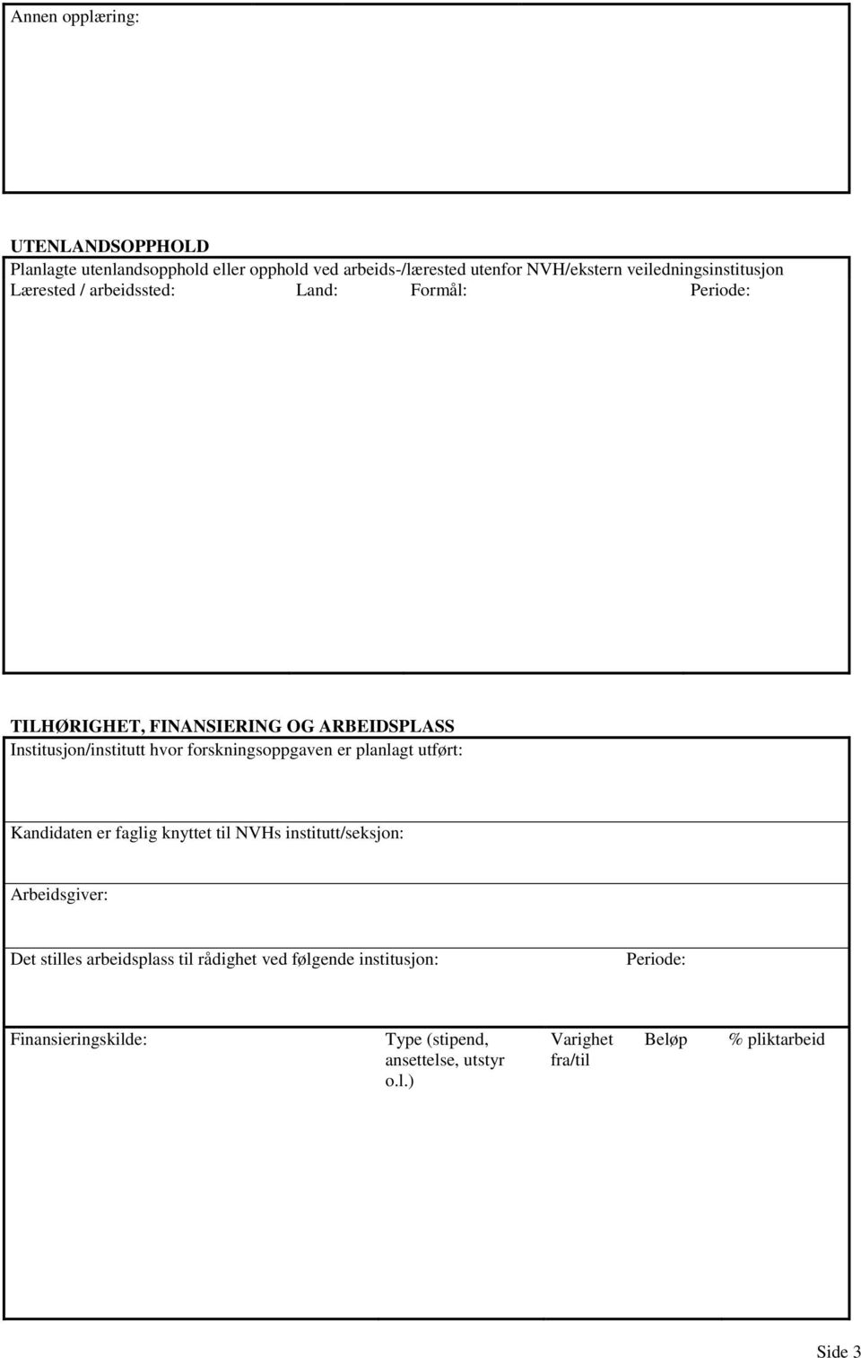 hvor forskningsoppgaven er planlagt utført: Kandidaten er faglig knyttet til NVHs institutt/seksjon: Arbeidsgiver: Det stilles