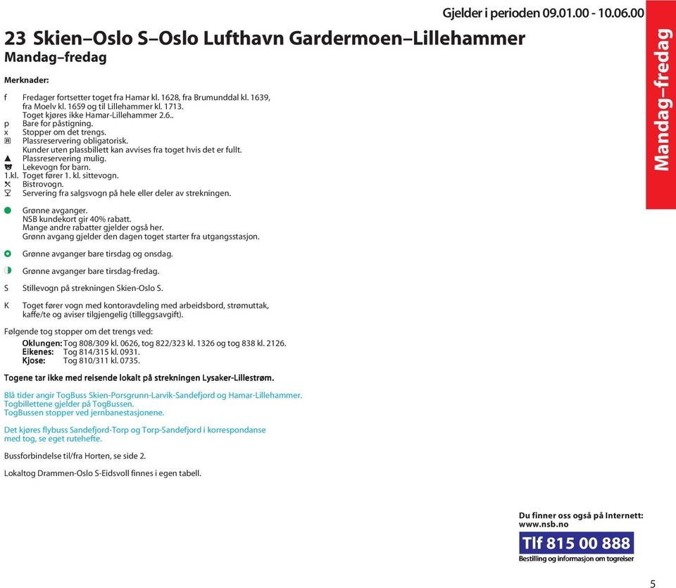 c Plassreservering mulig. j Lekevogn for barn. 1.kl. Toget fører 1. kl. sittevogn. d Bistrovogn. f Servering fra salgsvogn på hele eller deler av strekningen. g Grønne avganger.