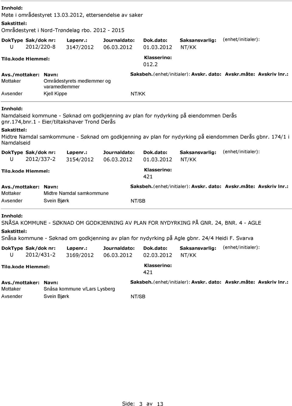 1 - Eier/tiltakshaver Trond Derås Midtre Namdal samkommune - Søknad om godkjenning av plan for nydyrking på eiendommen Derås gbnr. 174/1 i Namdalseid 2012/337-2 3154/2012 421 Avs.