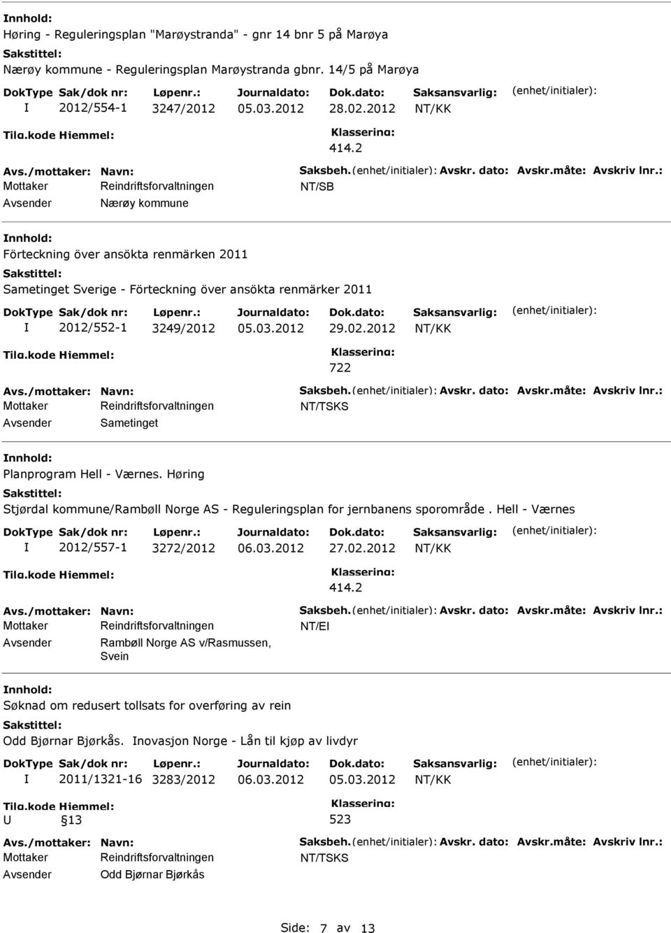 /mottaker: Navn: Saksbeh. Avskr. dato: Avskr.måte: Avskriv lnr.: NT/TSKS Sametinget Planprogram Hell - Værnes. Høring Stjørdal kommune/rambøll Norge AS - Reguleringsplan for jernbanens sporområde.