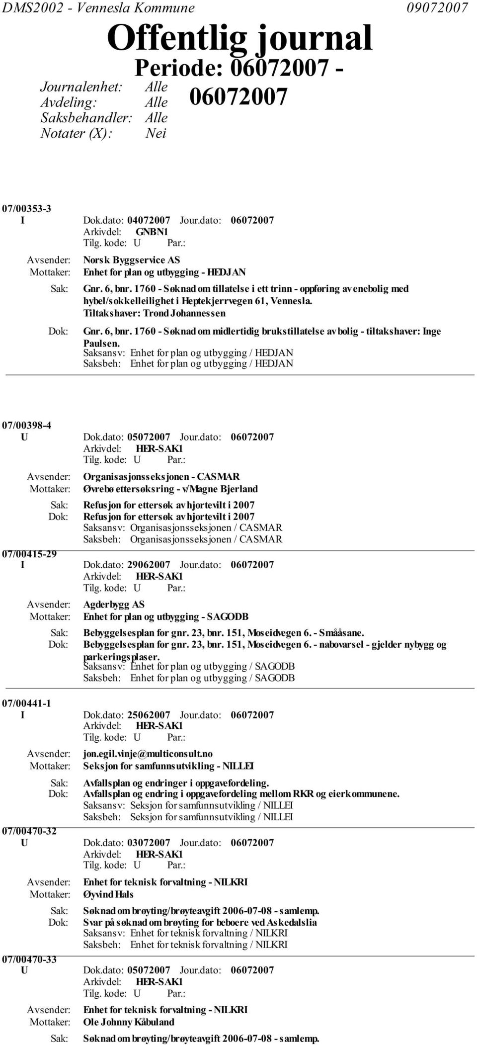 Tiltakshaver: Trond Johannessen Gnr. 6, bnr. 1760 - Søknad om midlertidig brukstillatelse av bolig - tiltakshaver: Inge Paulsen. 07/00398-4 U Dok.dato: 05072007 Jour.