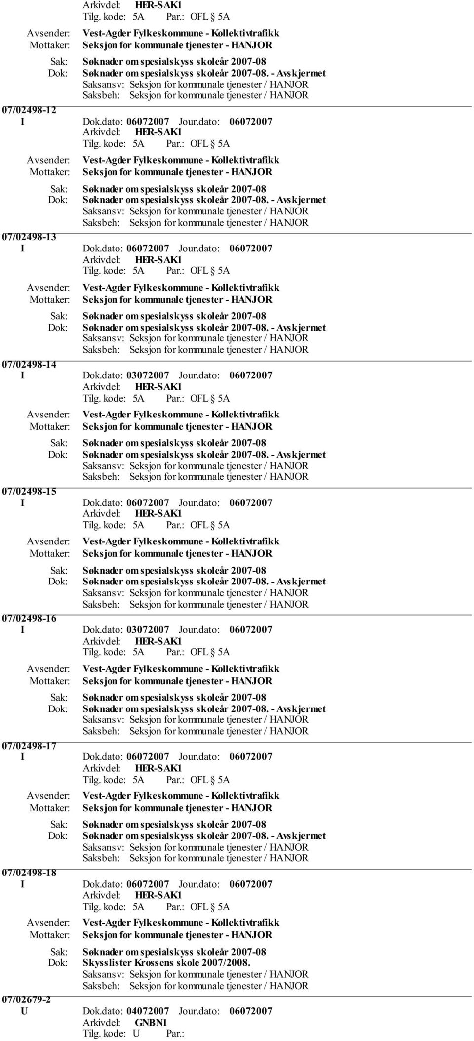 dato: Søknader om spesialskyss skoleår 2007-08 Søknader om spesialskyss skoleår 2007-08. - Avskjermet 07/02498-14 I Dok.dato: 03072007 Jour.