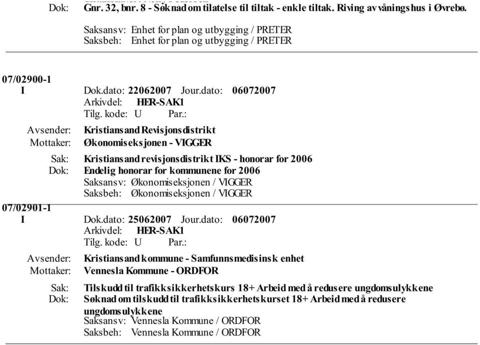 dato: Kristiansand Revisjonsdistrikt Økonomiseksjonen - VIGGER Kristiansand revisjonsdistrikt IKS - honorar for 2006 Endelig honorar for kommunene for 2006 07/02901-1 I Dok.