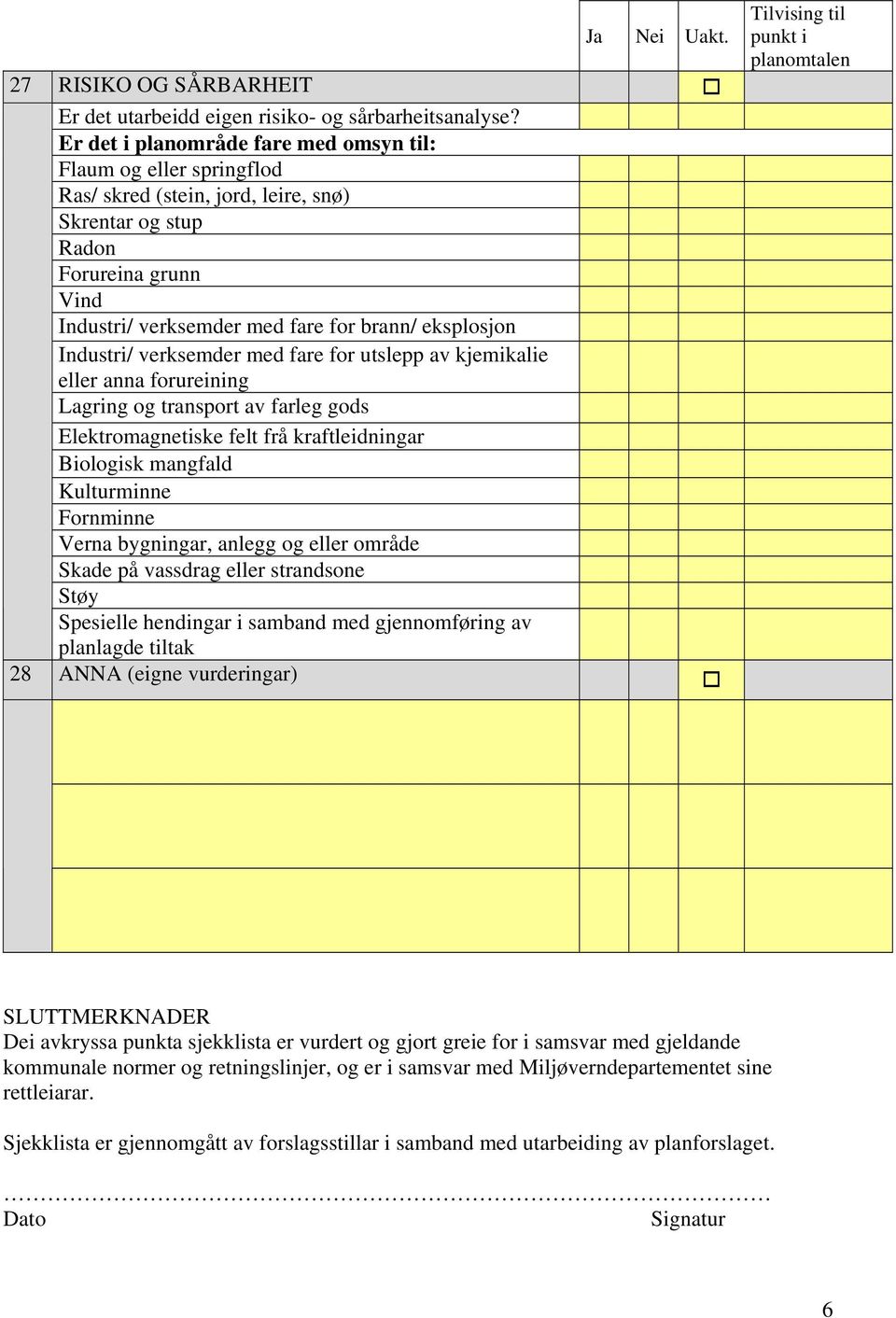 Industri/ verksemder med fare for utslepp av kjemikalie eller anna forureining Lagring og transport av farleg gods Elektromagnetiske felt frå kraftleidningar Biologisk mangfald Kulturminne Fornminne