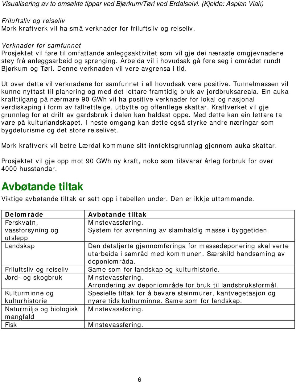 Arbeida vil i hovudsak gå føre seg i området rundt Bjørkum og Tøri. Denne verknaden vil vere avgrensa i tid. Ut over dette vil verknadene for samfunnet i all hovudsak vere positive.