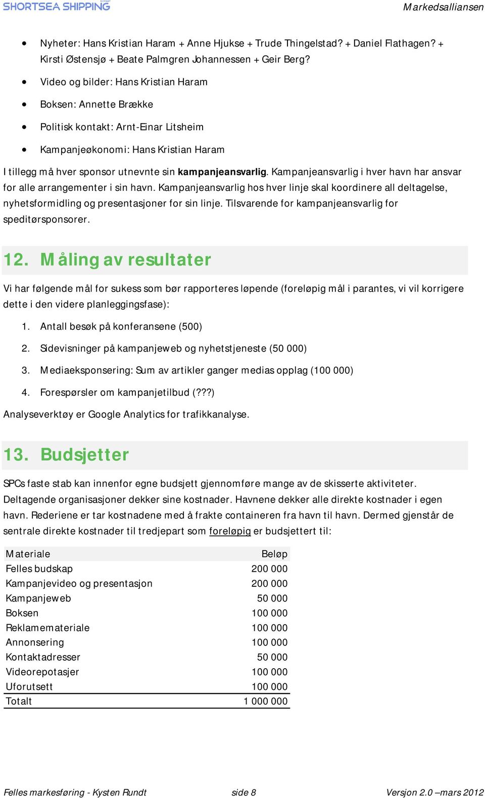 Kampanjeansvarlig i hver havn har ansvar for alle arrangementer i sin havn. Kampanjeansvarlig hos hver linje skal koordinere all deltagelse, nyhetsformidling og presentasjoner for sin linje.