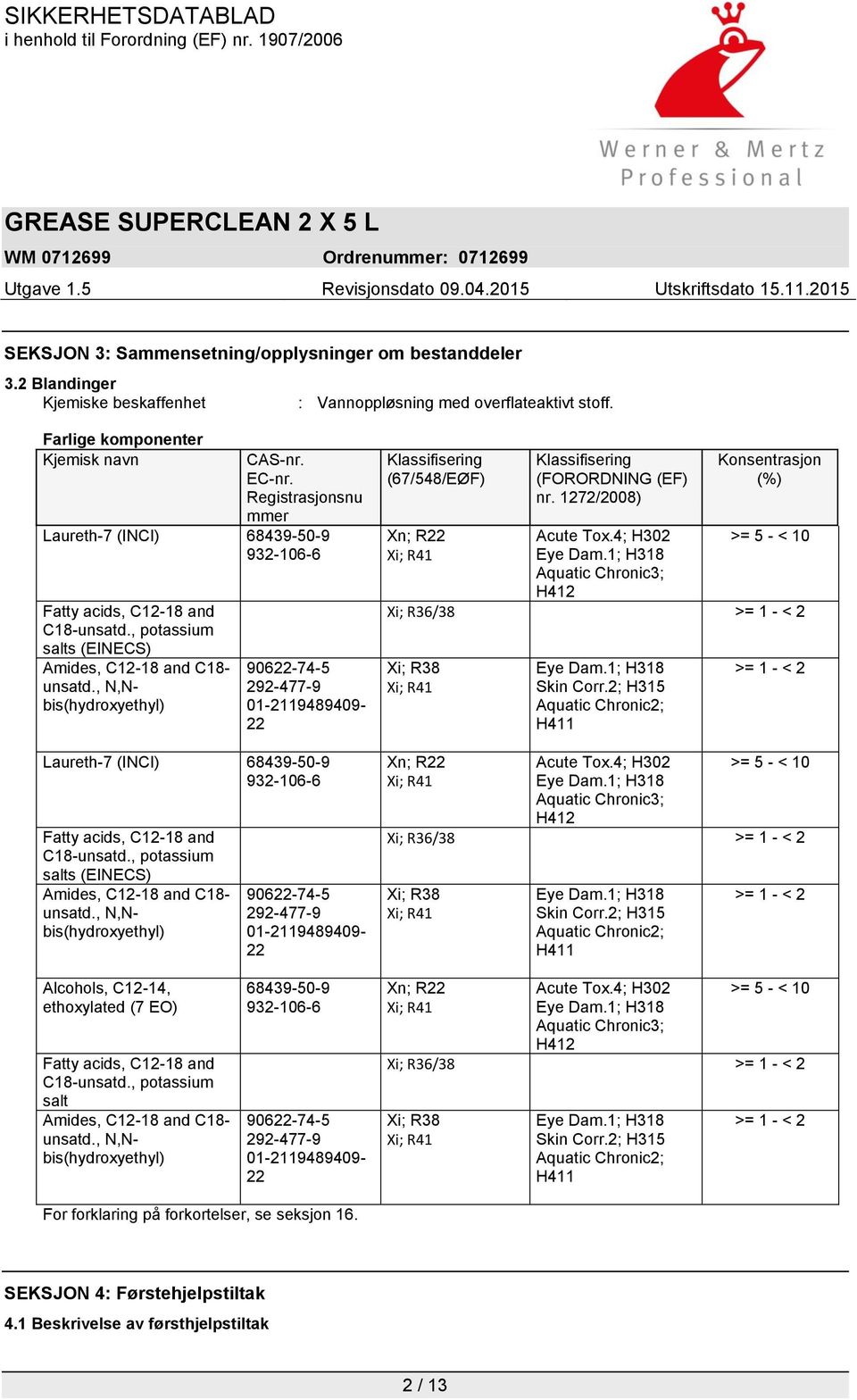 , N,Nbis(hydroxyethyl) 90622-74-5 292-477-9 01-2119489409- 22 Laureth-7 (INCI) 68439-50-9 932-106-6 Fatty acids, C12-18 and C18-unsatd., potassium salts (EINECS) Amides, C12-18 and C18- unsatd.