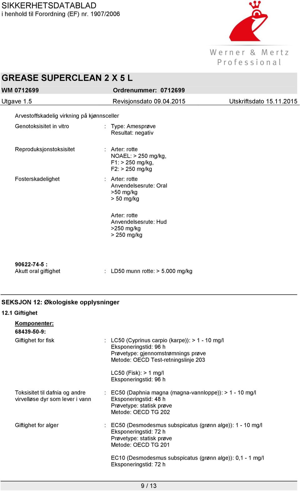 000 mg/kg SEKSJON 12: Økologiske opplysninger 12.