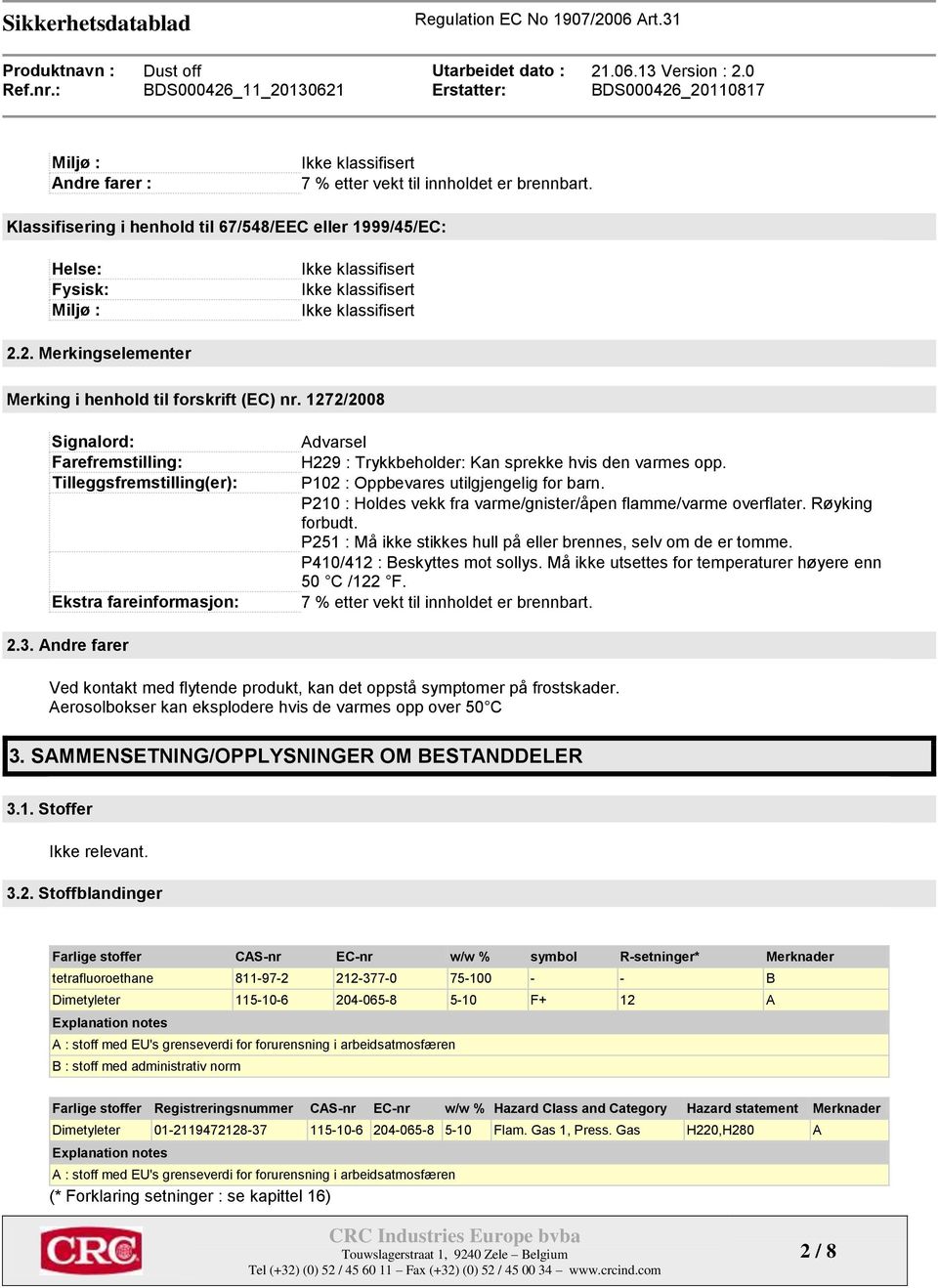 1272/2008 Signalord: Farefremstilling: Tilleggsfremstilling(er): Ekstra fareinformasjon: Advarsel H229 : Trykkbeholder: Kan sprekke hvis den varmes opp. P102 : Oppbevares utilgjengelig for barn.