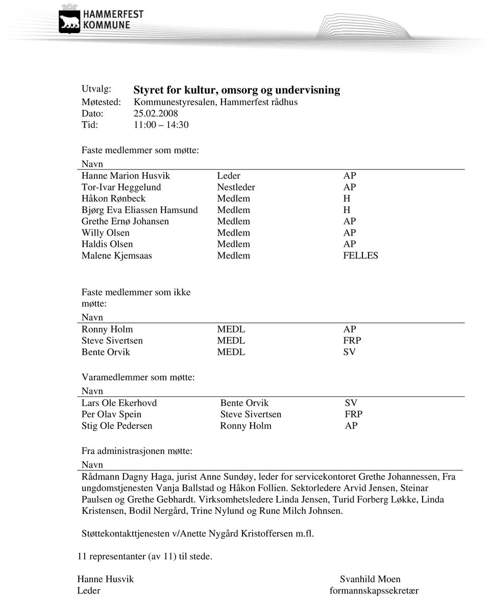 Medlem AP Willy Olsen Medlem AP Haldis Olsen Medlem AP Malene Kjemsaas Medlem FELLES Faste medlemmer som ikke møtte: Navn Ronny Holm MEDL AP Steve Sivertsen MEDL FRP Bente Orvik MEDL SV Varamedlemmer