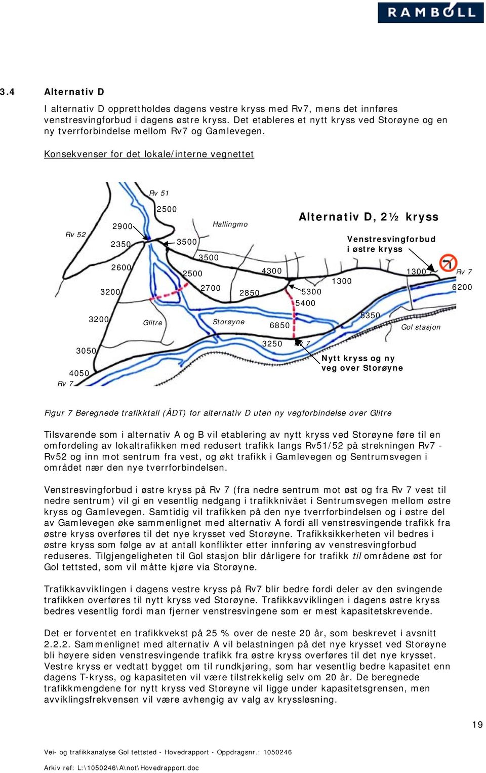 Konsekvenser for det lokale/interne vegnettet Rv 51 2900 Rv 52 2350 2600 3200 3200 2500 Hallingmo 3500 3500 2500 4300 2700 2850 Glitre Storøyne 6850 Alternativ D, 2½ kryss 5300 5400 1300