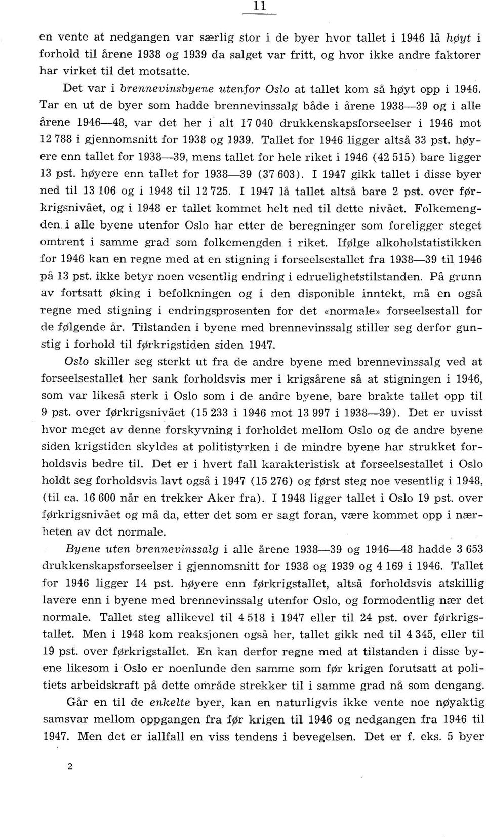 Tar en ut de byer som hadde brennevinssalg både i årene 938-39 og i alle årene 946-48, var det her i alt 040 drukkenskapsforseelser i 946 mot 88 i gjennomsnitt for 938 og 939.