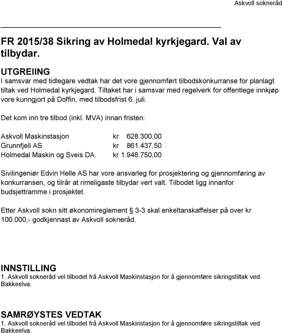 300,00 Grunnfjell AS kr 861.437,50 Holmedal Maskin og Sveis DA. kr 1.948.